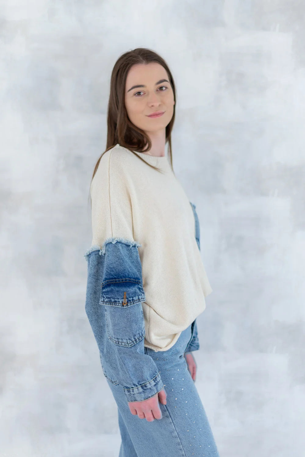 Bluză bej cu detalii denim 2001-007 - NIZIA