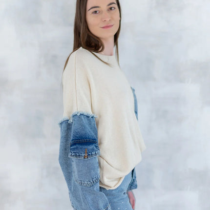 Bluză bej cu detalii denim 2001-007 - NIZIA