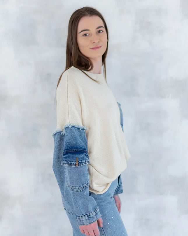 Bluză bej cu detalii denim 2001-007 - NIZIA