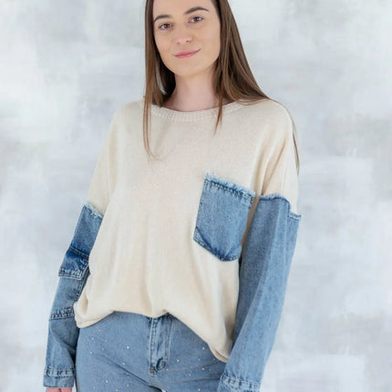 Bluză bej cu detalii denim 2001-007 - NIZIA