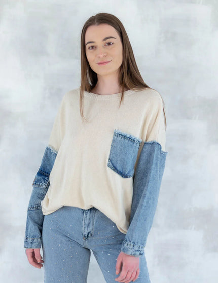 Bluză bej cu detalii denim 2001-007 - NIZIA