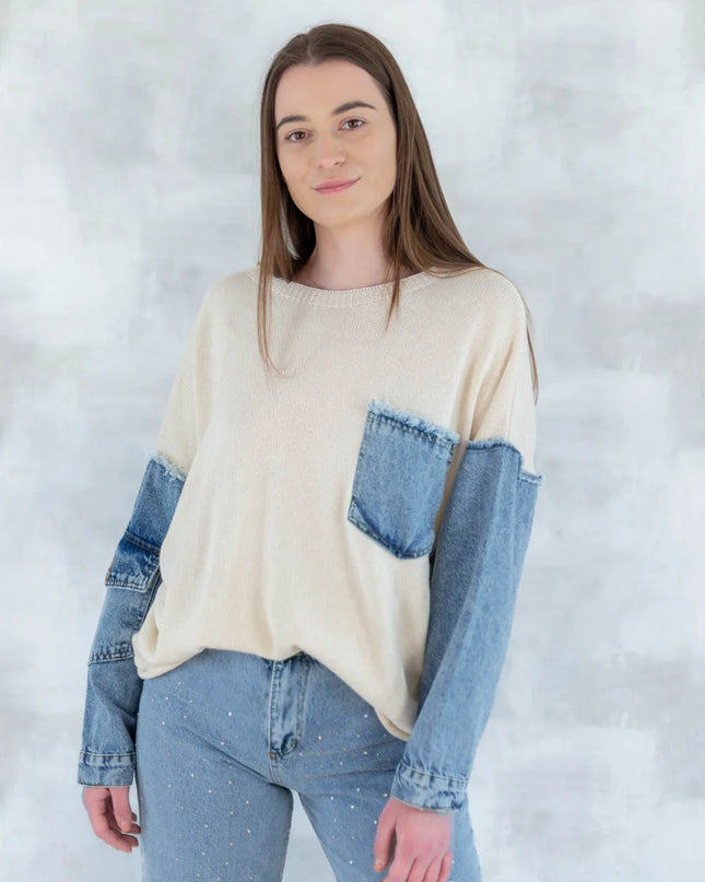 Bluză bej cu detalii denim 2001-007 - NIZIA