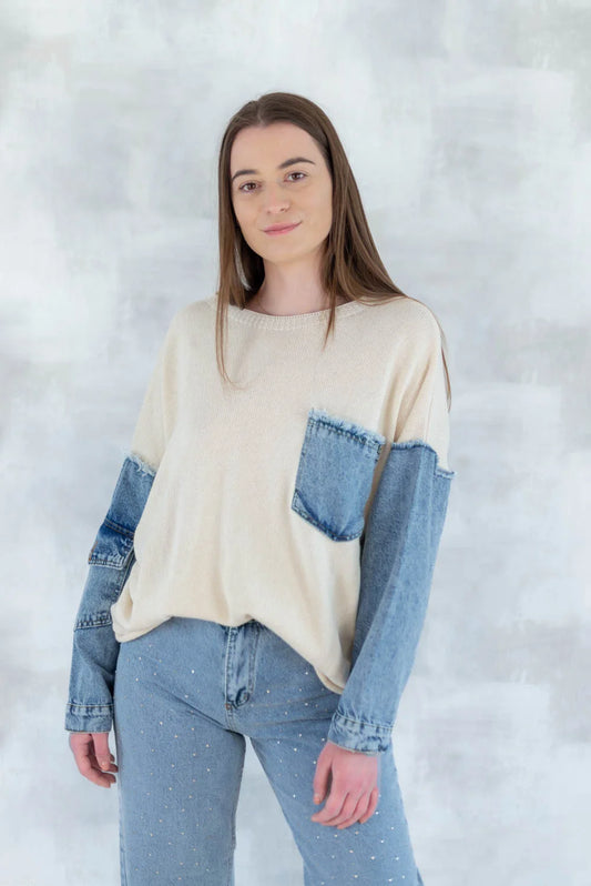 Bluză bej cu detalii denim 2001-007 - NIZIA