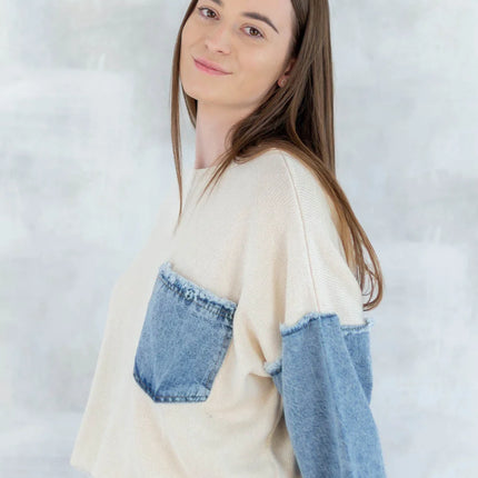 Bluză bej cu detalii denim 2001-007 - NIZIA