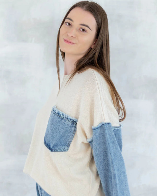 Bluză bej cu detalii denim 2001-007 - NIZIA