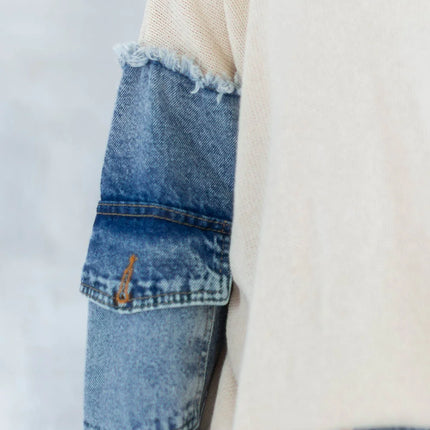 Bluză bej cu detalii denim 2001-007 - NIZIA
