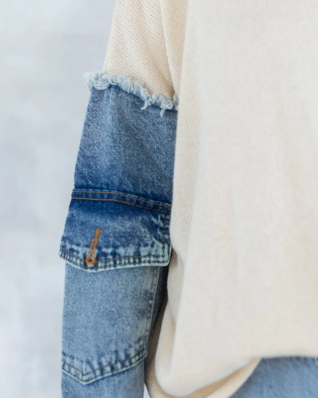 Bluză bej cu detalii denim 2001-007 - NIZIA