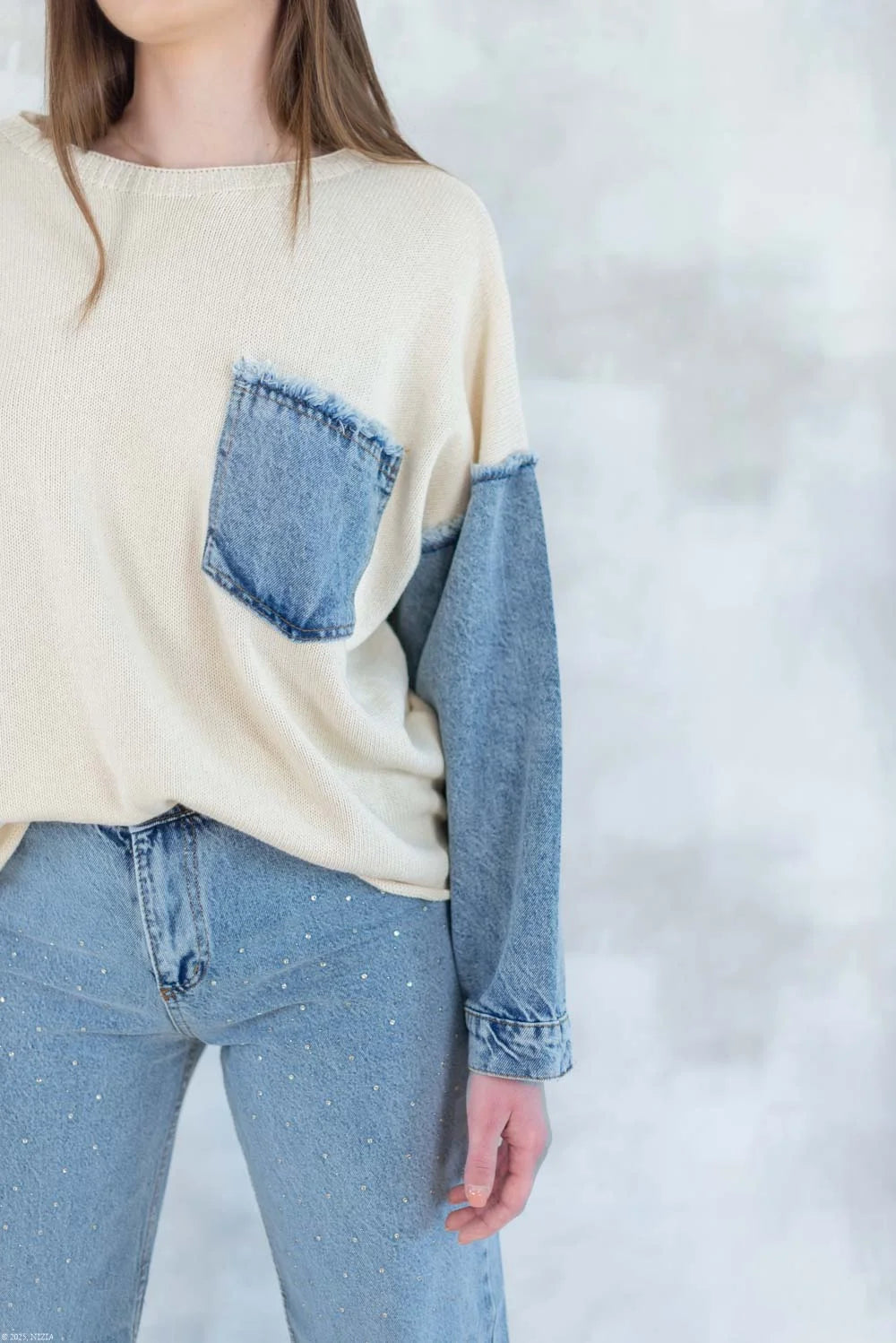 Bluză bej cu detalii denim 2001-007 - NIZIA