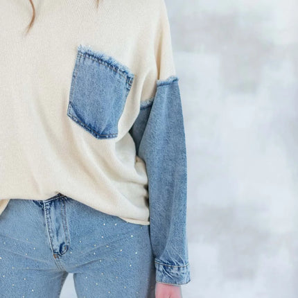 Bluză bej cu detalii denim 2001-007 - NIZIA