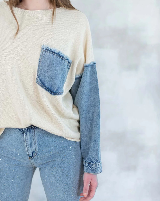 Bluză bej cu detalii denim 2001-007 - NIZIA