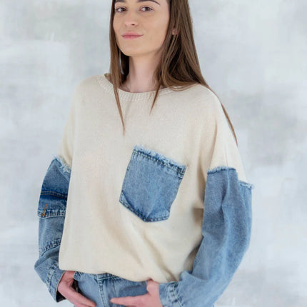 Bluză bej cu detalii denim 2001-007 - NIZIA