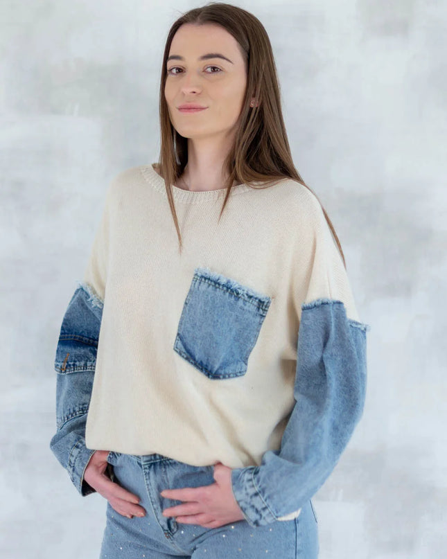 Bluză bej cu detalii denim 2001-007 - NIZIA
