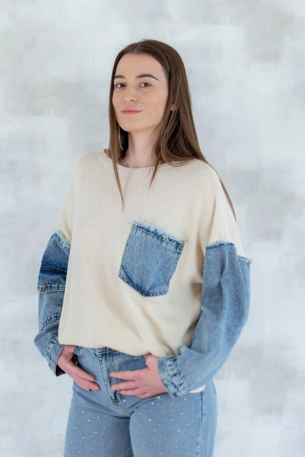 Bluză bej cu detalii denim 2001-007 - NIZIA