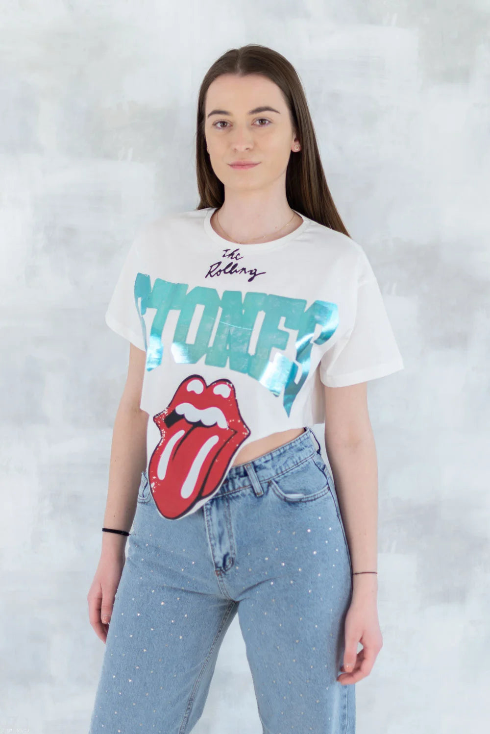 Tricou alb crop - design retro 12028-017 - NIZIA