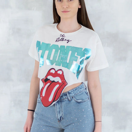 Tricou alb crop - design retro 12028-017 - NIZIA
