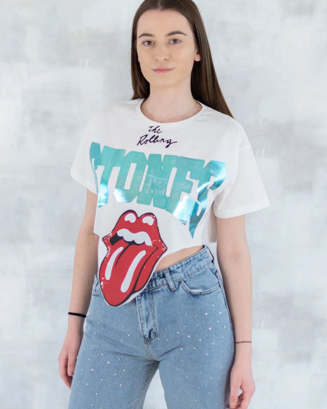 Tricou alb crop - design retro 12028-017 - NIZIA