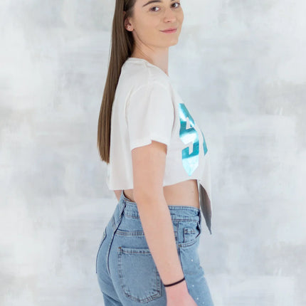 Tricou alb crop - design retro 12028-017 - NIZIA