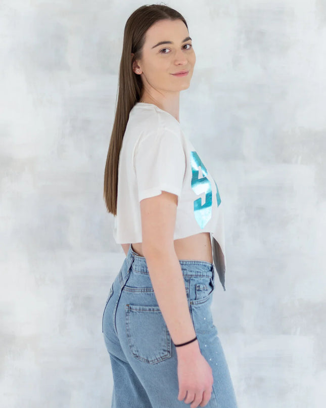 Tricou alb crop - design retro 12028-017 - NIZIA