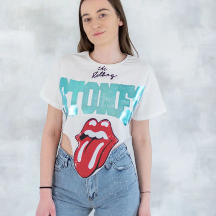 Tricou alb crop - design retro 12028-017 - NIZIA
