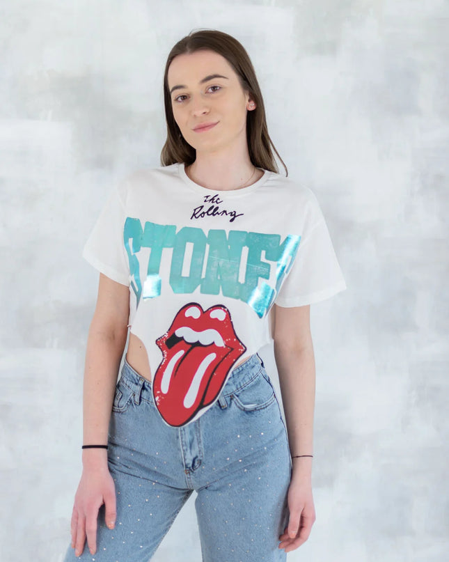 Tricou alb crop - design retro 12028-017 - NIZIA