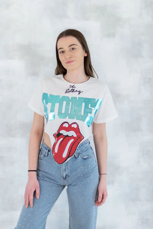 Tricou alb crop - design retro 12028-017 - NIZIA