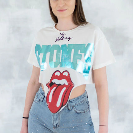 Tricou alb crop - design retro 12028-017 - NIZIA