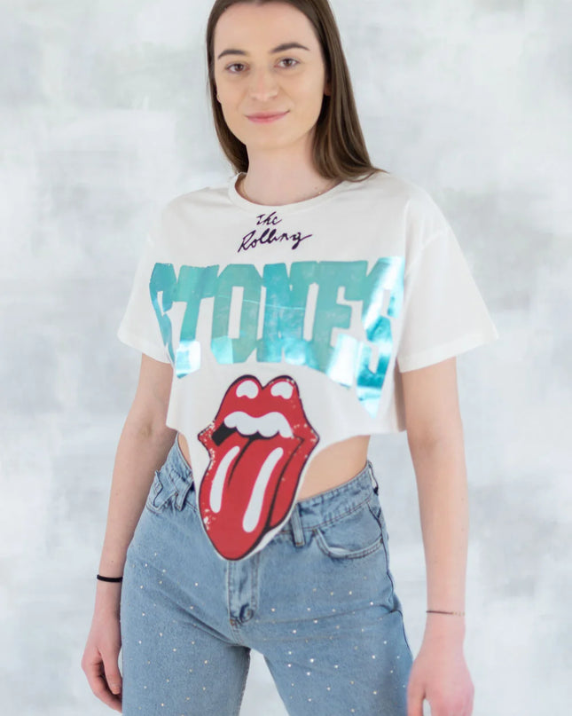Tricou alb crop - design retro 12028-017 - NIZIA