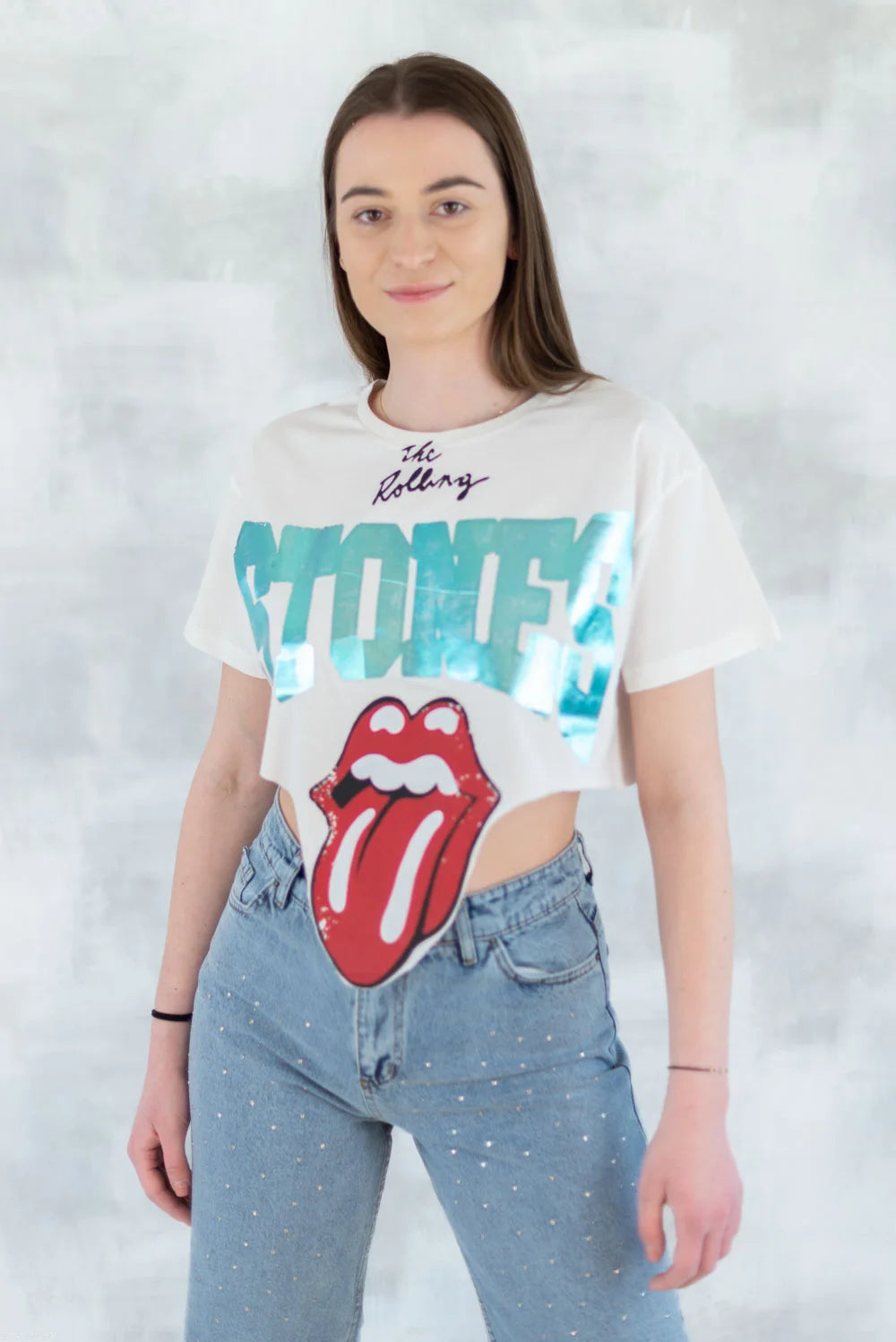 Tricou alb crop - design retro 12028-017 - NIZIA