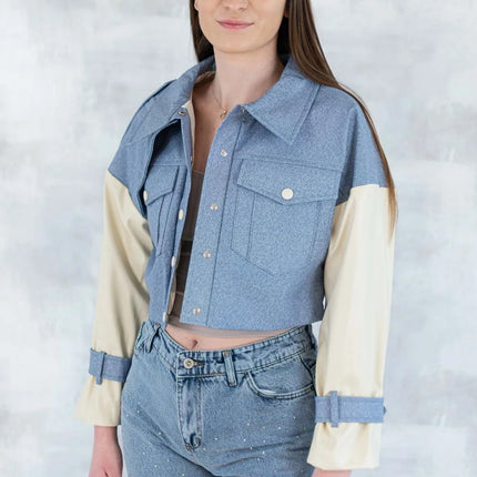 Jachetă cu aspect denim și mâneci crem 7006-012 - NIZIA