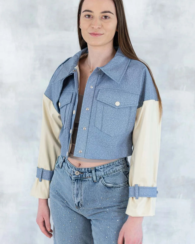 Jachetă cu aspect denim și mâneci crem 7006-012 - NIZIA