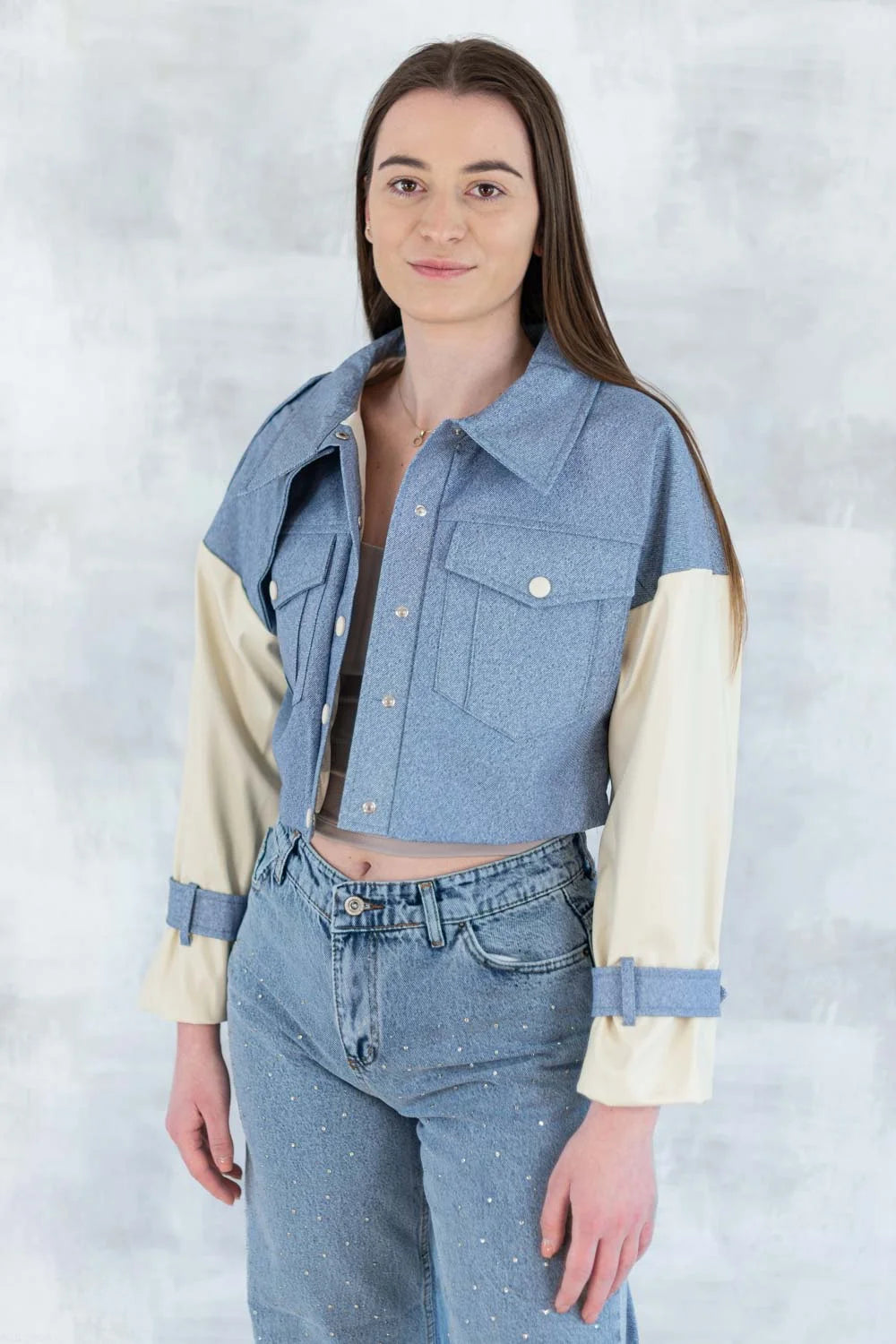 Jachetă cu aspect denim și mâneci crem 7006-012 - NIZIA