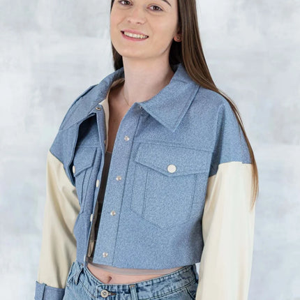 Jachetă cu aspect denim și mâneci crem 7006-012 - NIZIA