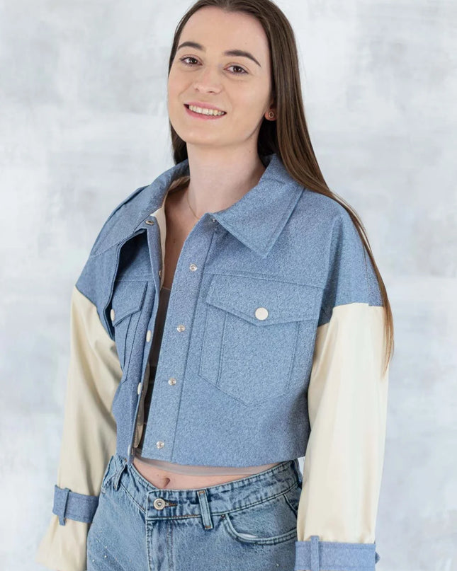 Jachetă cu aspect denim și mâneci crem 7006-012 - NIZIA