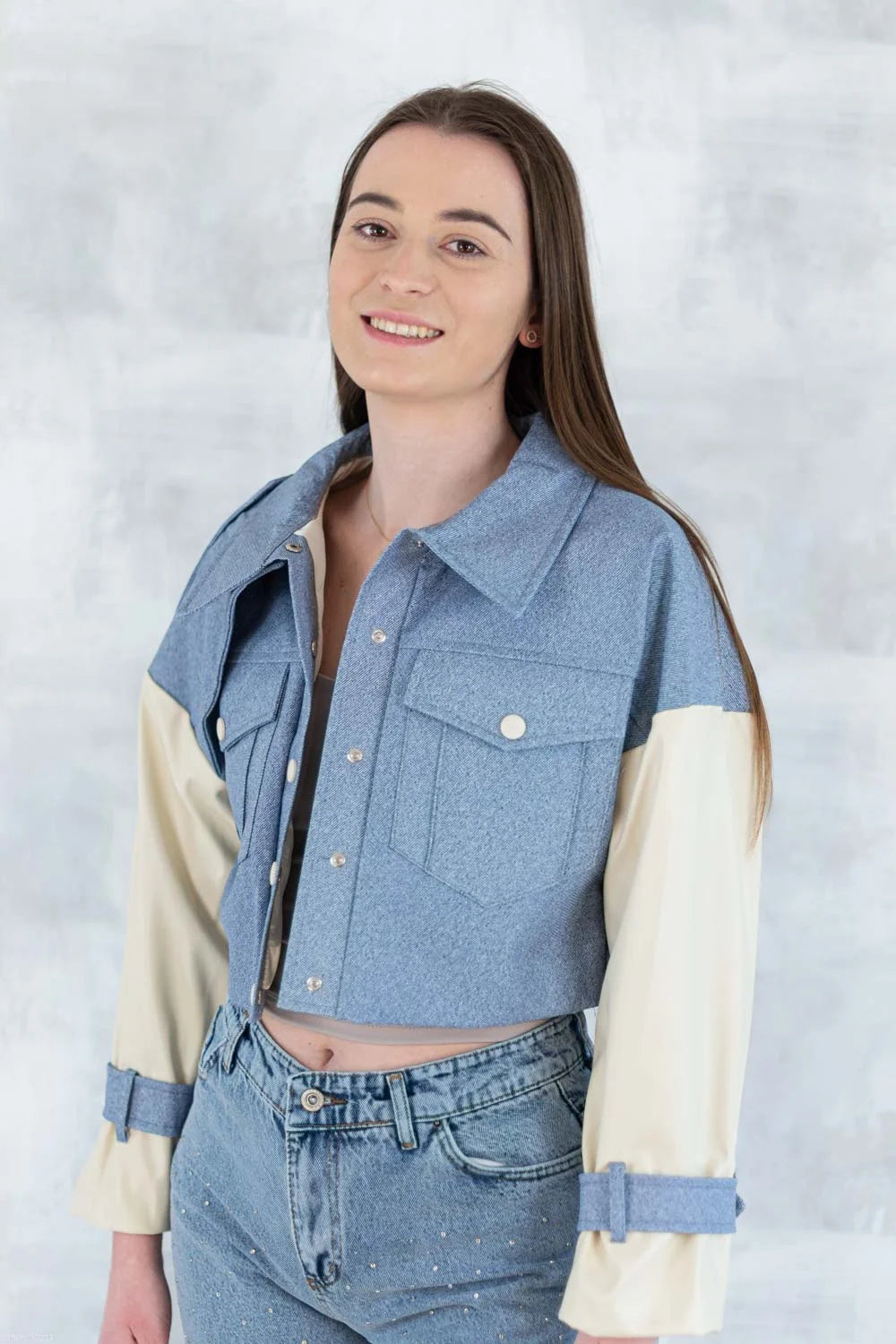 Jachetă cu aspect denim și mâneci crem 7006-012 - NIZIA