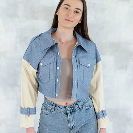Jachetă cu aspect denim și mâneci crem 7006-012 - NIZIA