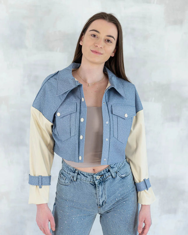 Jachetă cu aspect denim și mâneci crem 7006-012 - NIZIA