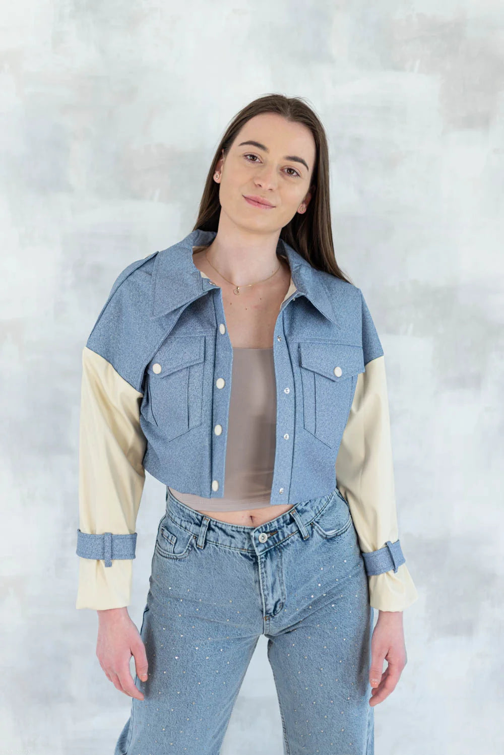 Jachetă cu aspect denim și mâneci crem 7006-012 - NIZIA