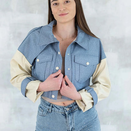 Jachetă cu aspect denim și mâneci crem 7006-012 - NIZIA