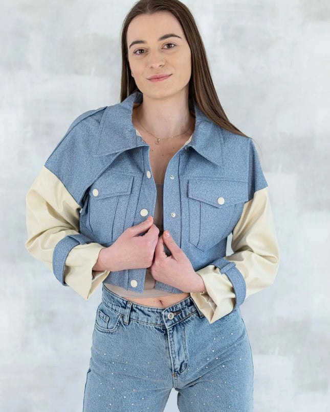 Jachetă cu aspect denim și mâneci crem 7006-012 - NIZIA
