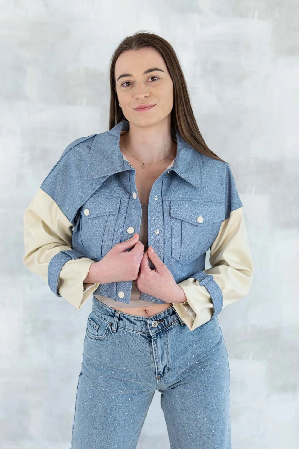 Jachetă cu aspect denim și mâneci crem 7006-012 - NIZIA