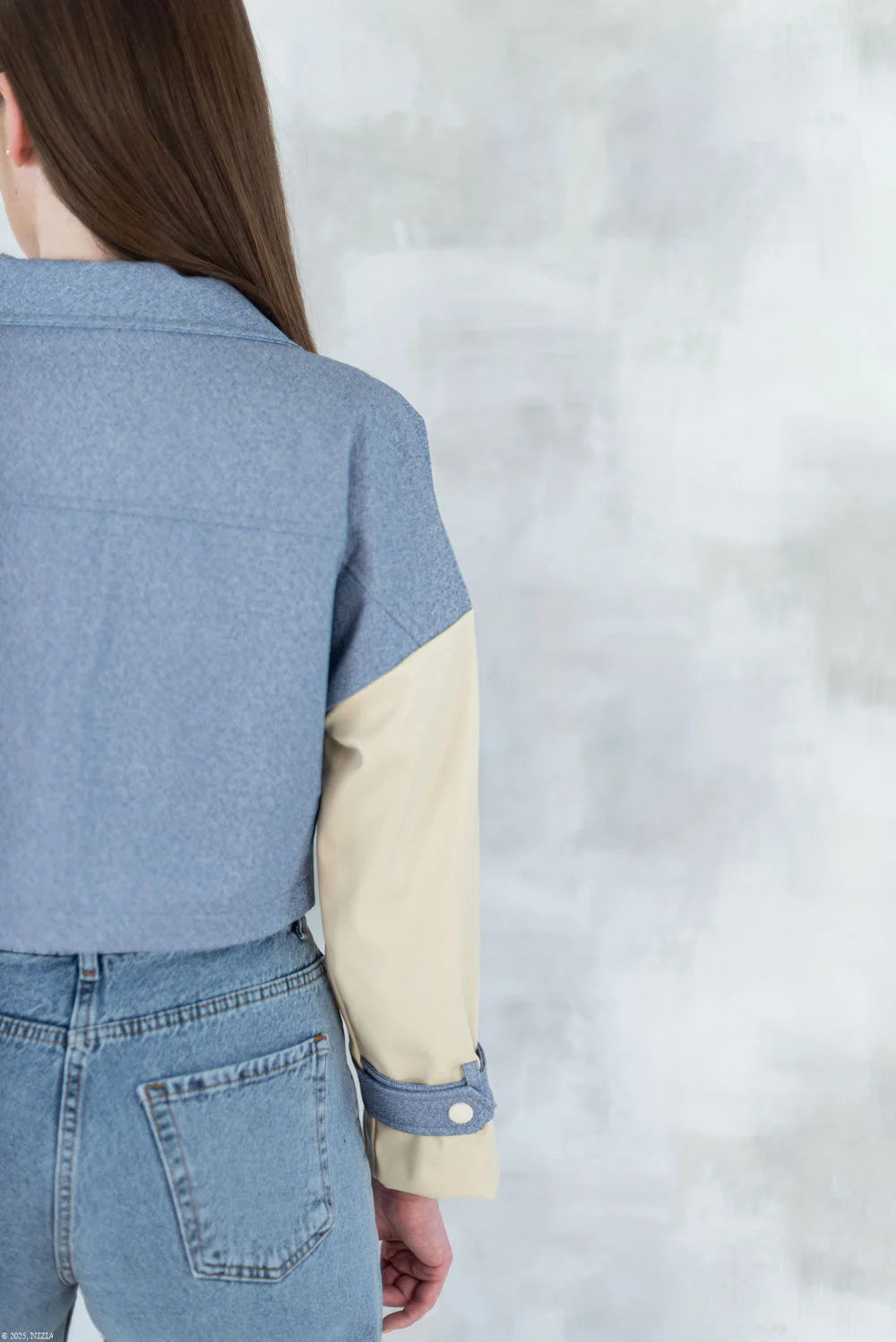 Jachetă cu aspect denim și mâneci crem 7006-012 - NIZIA