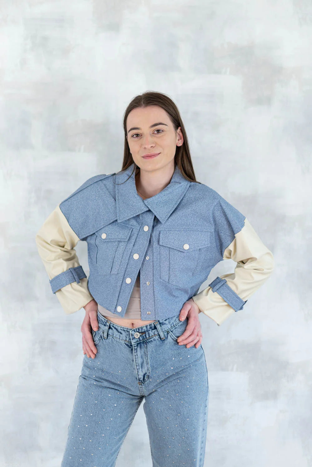 Jachetă cu aspect denim și mâneci crem 7006-012 - NIZIA