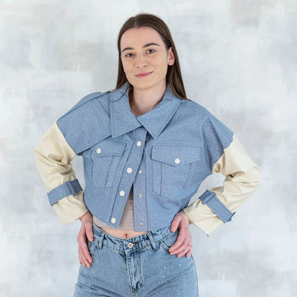 Jachetă cu aspect denim și mâneci crem 7006-012 - NIZIA