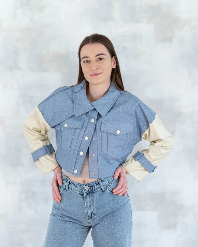 Jachetă cu aspect denim și mâneci crem 7006-012 - NIZIA