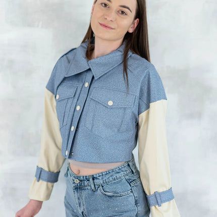 Jachetă cu aspect denim și mâneci crem 7006-012 - NIZIA