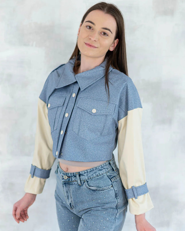 Jachetă cu aspect denim și mâneci crem 7006-012 - NIZIA