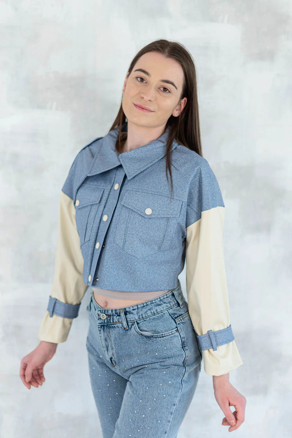 Jachetă cu aspect denim și mâneci crem 7006-012 - NIZIA