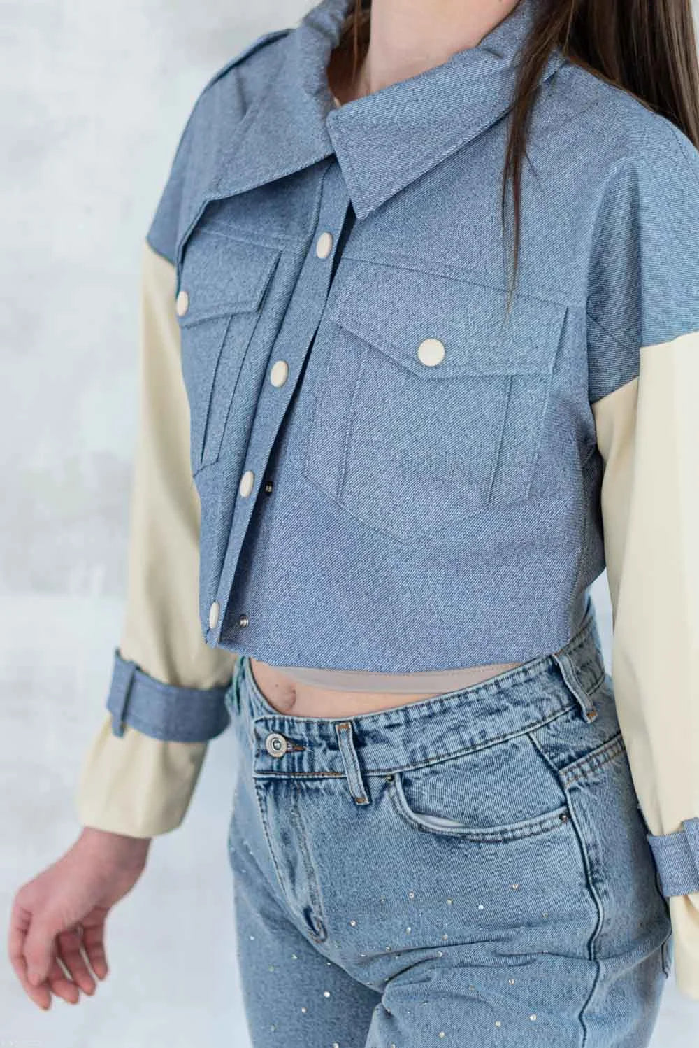 Jachetă cu aspect denim și mâneci crem 7006-012 - NIZIA