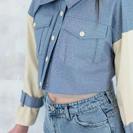 Jachetă cu aspect denim și mâneci crem 7006-012 - NIZIA