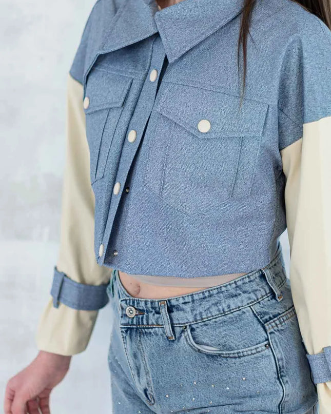 Jachetă cu aspect denim și mâneci crem 7006-012 - NIZIA